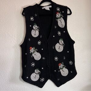 VTG VICTORIA JONES CHRISTMAS VEST SWEATER BEADED SNOWMEN UGLY CHRISTMAS BLACK L